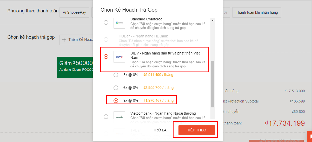 Chọn ngân hàng thanh toán