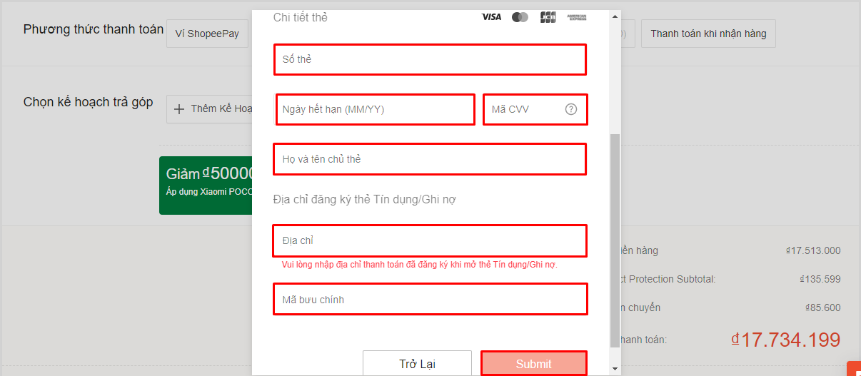 Hoàn thành thông tin mua hàng trả góp trên shopee