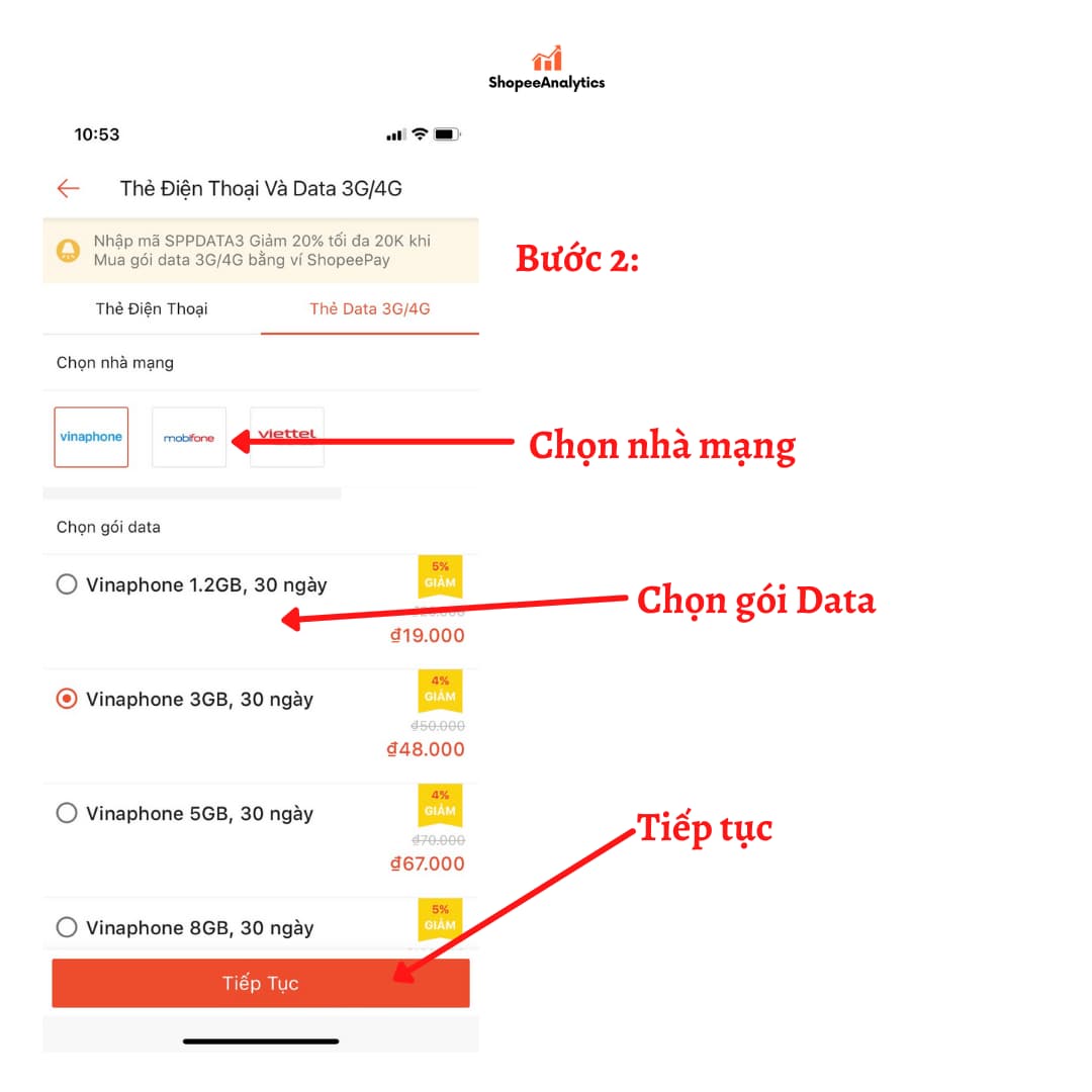 chọn dịch vụ mua thẻ data trên shopee