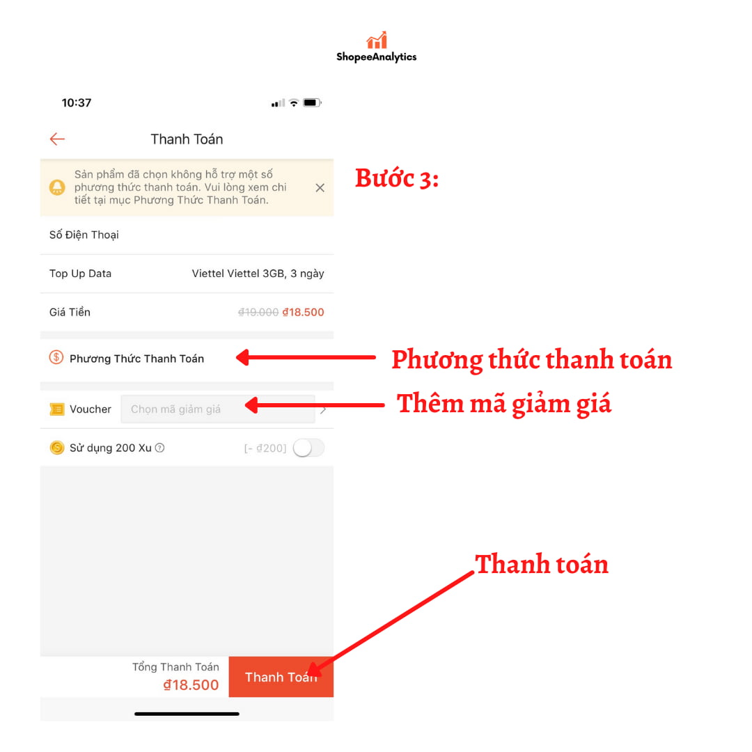 thanh toán mua gói data điện thoại trên shopee