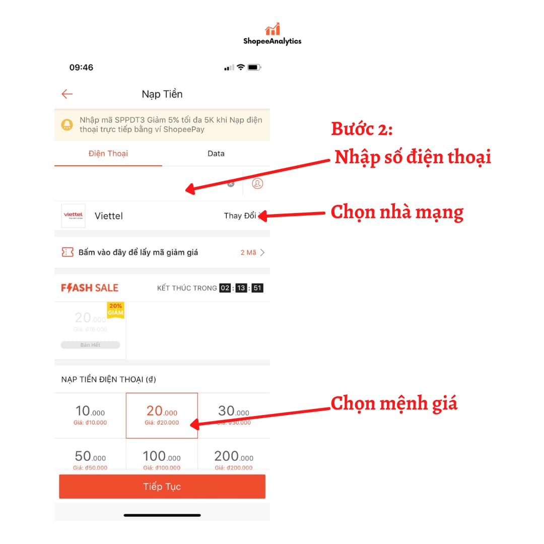 nạp điện thoại shopee