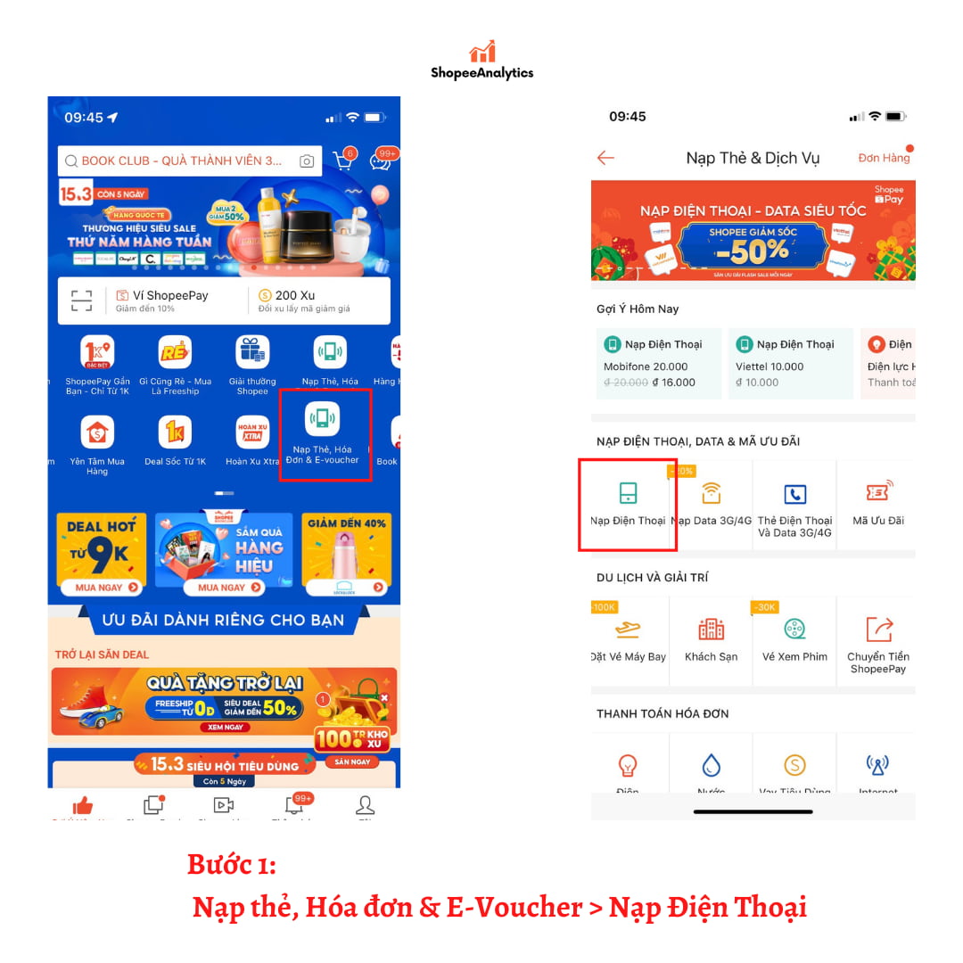 nạp thẻ điện thoại trên shopee